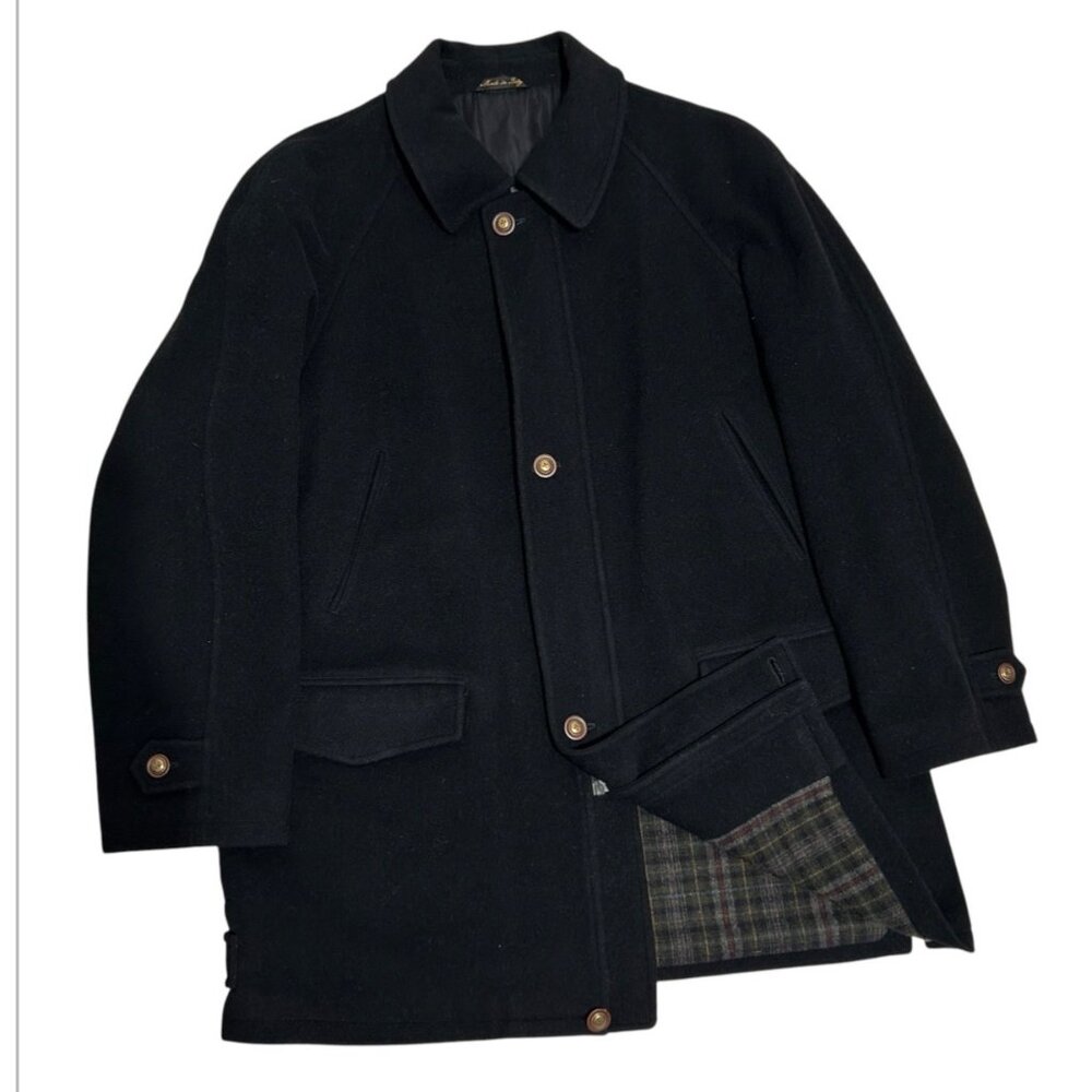 Mario Valente Mens Black Wool Blend Coat Size 44 With Button & Zipper Closure